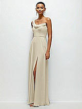 Side View Thumbnail - Champagne Chiffon One-Shoulder Maxi Dress with Draped Cowl Neckline