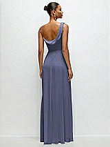 Rear View Thumbnail - French Blue Chiffon One-Shoulder Maxi Dress with Draped Cowl Neckline