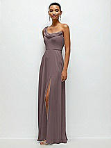 Side View Thumbnail - French Truffle Chiffon One-Shoulder Maxi Dress with Draped Cowl Neckline