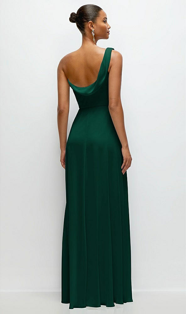 Back View - Hunter Green Chiffon One-Shoulder Maxi Dress with Draped Cowl Neckline