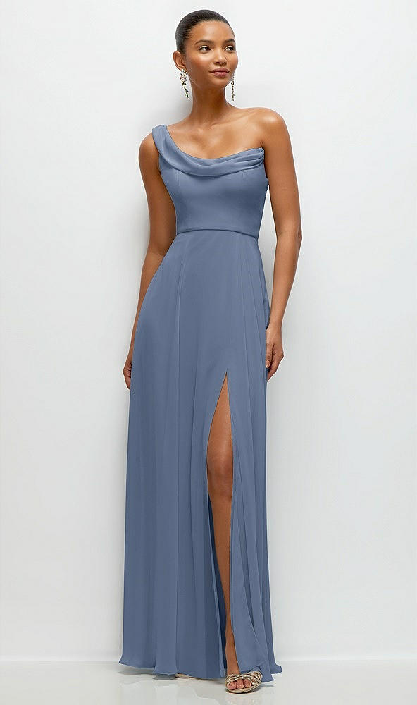 Front View - Larkspur Blue Chiffon One-Shoulder Maxi Dress with Draped Cowl Neckline