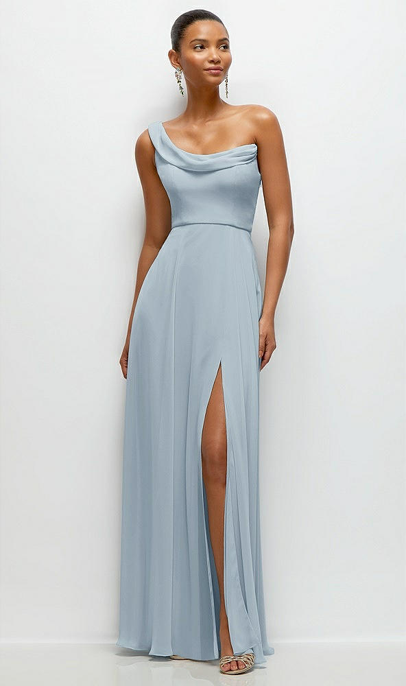 Front View - Mist Chiffon One-Shoulder Maxi Dress with Draped Cowl Neckline