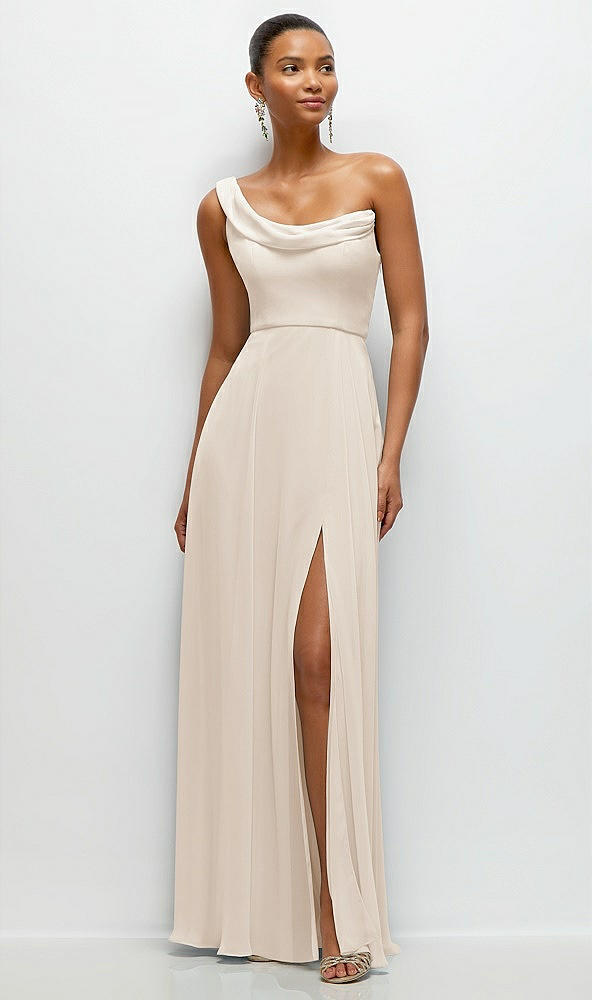 Front View - Oat Chiffon One-Shoulder Maxi Dress with Draped Cowl Neckline