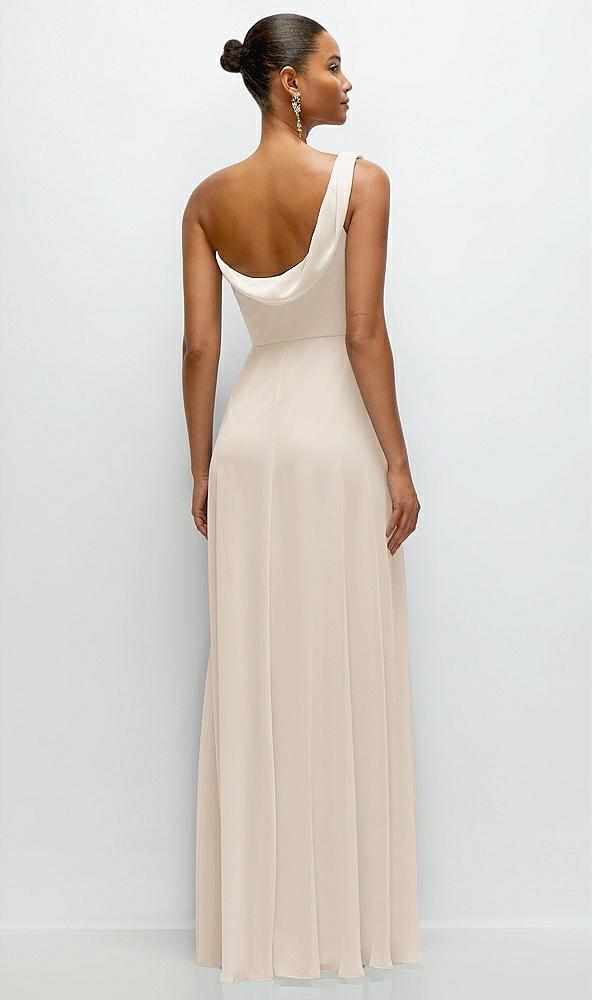 Back View - Oat Chiffon One-Shoulder Maxi Dress with Draped Cowl Neckline