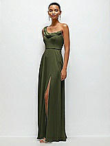 Side View Thumbnail - Olive Green Chiffon One-Shoulder Maxi Dress with Draped Cowl Neckline