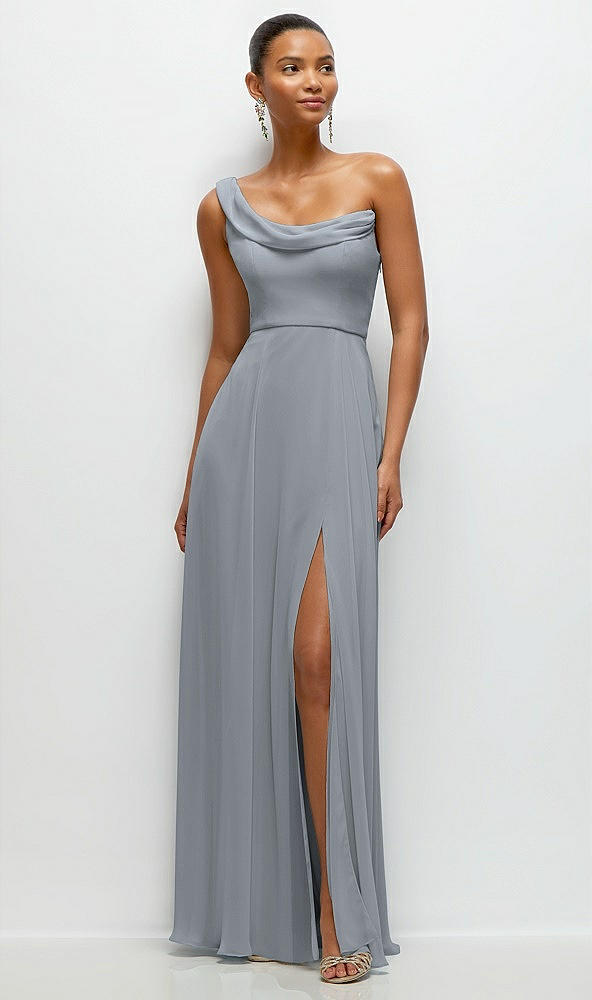 Front View - Platinum Chiffon One-Shoulder Maxi Dress with Draped Cowl Neckline