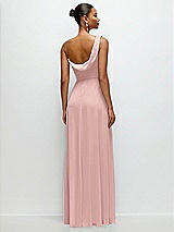 Rear View Thumbnail - Rose - PANTONE Rose Quartz Chiffon One-Shoulder Maxi Dress with Draped Cowl Neckline