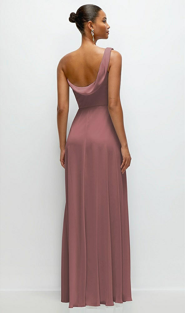 Back View - Rosewood Chiffon One-Shoulder Maxi Dress with Draped Cowl Neckline