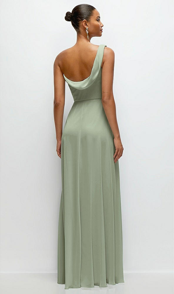 Back View - Sage Chiffon One-Shoulder Maxi Dress with Draped Cowl Neckline