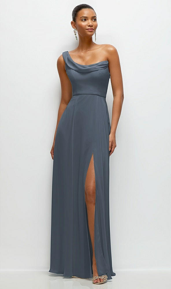 Front View - Silverstone Chiffon One-Shoulder Maxi Dress with Draped Cowl Neckline