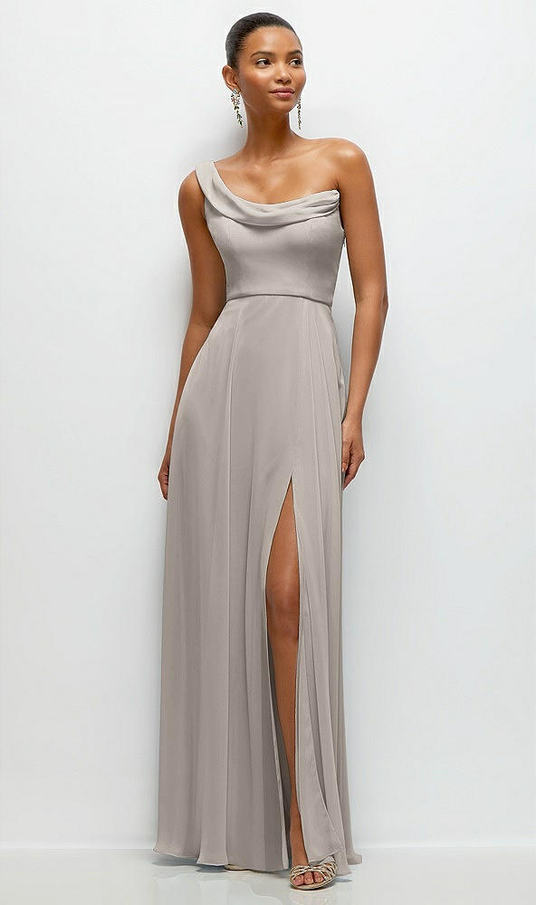 Front View - Taupe Chiffon One-Shoulder Maxi Dress with Draped Cowl Neckline