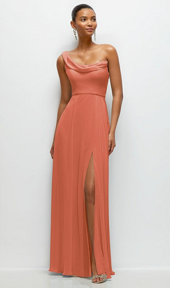 Front View - Terracotta Copper Chiffon One-Shoulder Maxi Dress with Draped Cowl Neckline