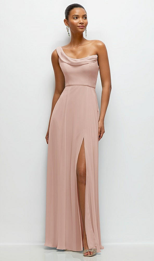 Front View - Toasted Sugar Chiffon One-Shoulder Maxi Dress with Draped Cowl Neckline