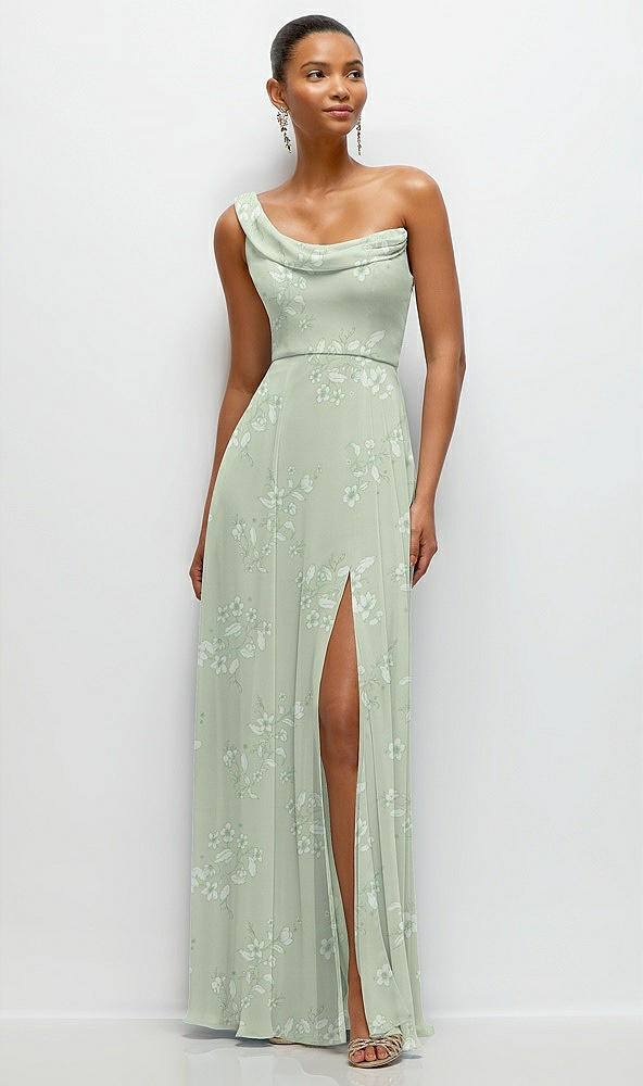 Front View - Vintage Primrose Sage Chiffon One-Shoulder Maxi Dress with Draped Cowl Neckline