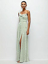 Side View Thumbnail - Vintage Primrose Sage Chiffon One-Shoulder Maxi Dress with Draped Cowl Neckline