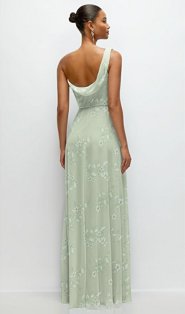 Back View - Vintage Primrose Sage Chiffon One-Shoulder Maxi Dress with Draped Cowl Neckline