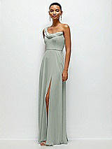 Side View Thumbnail - Willow Green Chiffon One-Shoulder Maxi Dress with Draped Cowl Neckline