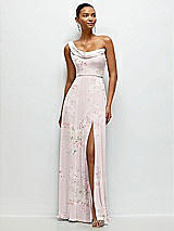 Front View Thumbnail - Watercolor Print Chiffon One-Shoulder Maxi Dress with Draped Cowl Neckline