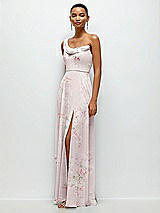 Side View Thumbnail - Watercolor Print Chiffon One-Shoulder Maxi Dress with Draped Cowl Neckline