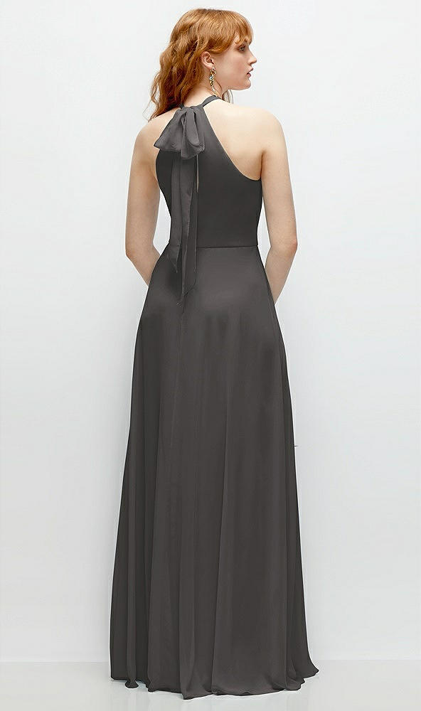 Back View - Caviar Gray Shirred Halter Chiffon Maxi Dress with Back Sash-Tie Closure