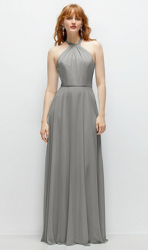 Front View - Chelsea Gray Shirred Halter Chiffon Maxi Dress with Back Sash-Tie Closure