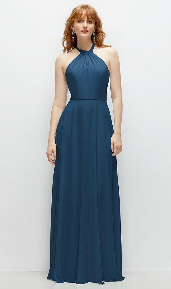 Front View - Dusk Blue Shirred Halter Chiffon Maxi Dress with Back Sash-Tie Closure