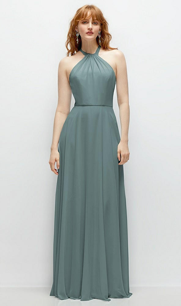 Front View - Icelandic Shirred Halter Chiffon Maxi Dress with Back Sash-Tie Closure