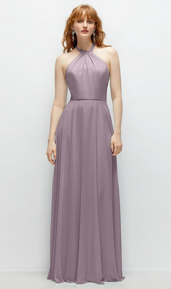 Front View - Lilac Dusk Shirred Halter Chiffon Maxi Dress with Back Sash-Tie Closure