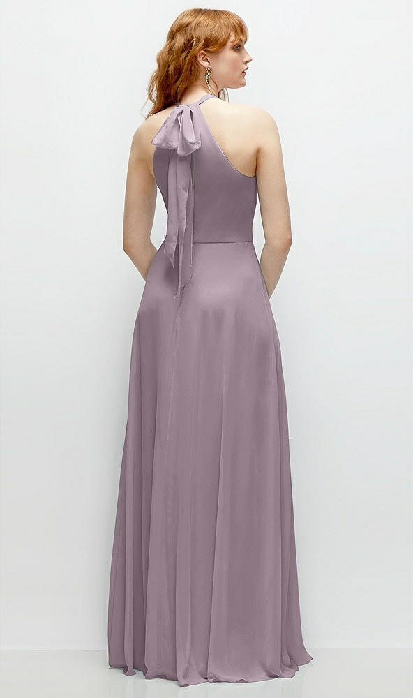 Back View - Lilac Dusk Shirred Halter Chiffon Maxi Dress with Back Sash-Tie Closure