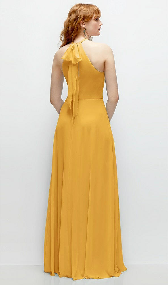 Back View - NYC Yellow Shirred Halter Chiffon Maxi Dress with Back Sash-Tie Closure