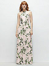 Front View Thumbnail - Palm Beach Print Shirred Halter Chiffon Maxi Dress with Back Sash-Tie Closure