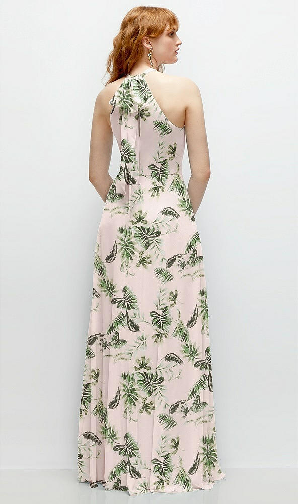 Back View - Palm Beach Print Shirred Halter Chiffon Maxi Dress with Back Sash-Tie Closure