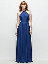 Front View Thumbnail - Classic Blue Shirred Halter Chiffon Maxi Dress with Back Sash-Tie Closure