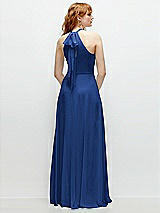 Rear View Thumbnail - Classic Blue Shirred Halter Chiffon Maxi Dress with Back Sash-Tie Closure