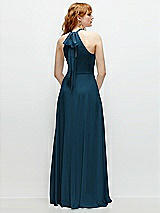 Rear View Thumbnail - Atlantic Blue Shirred Halter Chiffon Maxi Dress with Back Sash-Tie Closure