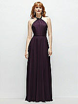 Front View Thumbnail - Aubergine Shirred Halter Chiffon Maxi Dress with Back Sash-Tie Closure