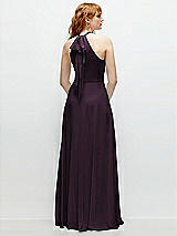 Rear View Thumbnail - Aubergine Shirred Halter Chiffon Maxi Dress with Back Sash-Tie Closure