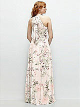 Rear View Thumbnail - Blush Garden Shirred Halter Chiffon Maxi Dress with Back Sash-Tie Closure