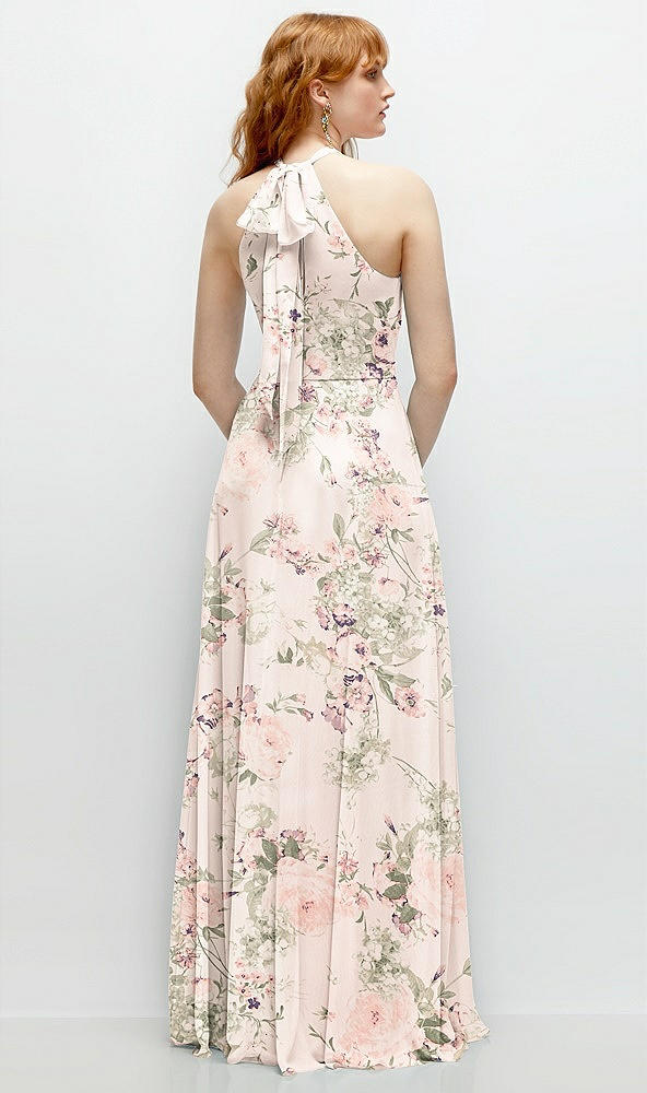 Back View - Blush Garden Shirred Halter Chiffon Maxi Dress with Back Sash-Tie Closure