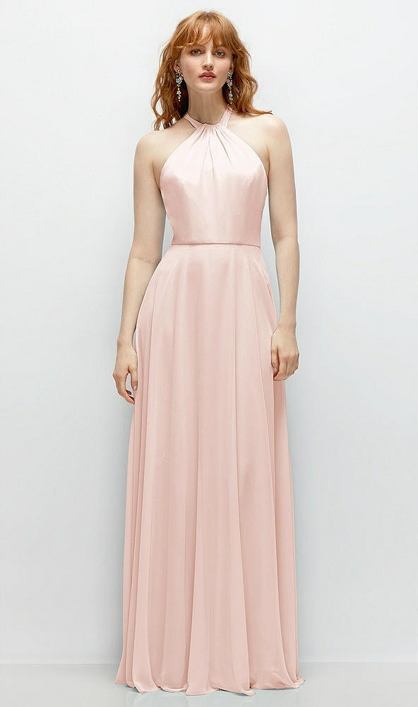 Front View - Blush Shirred Halter Chiffon Maxi Dress with Back Sash-Tie Closure