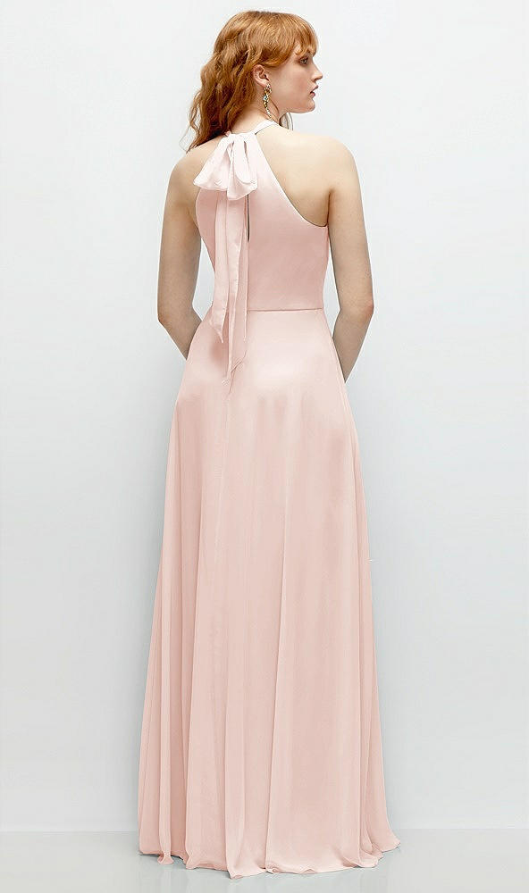 Back View - Blush Shirred Halter Chiffon Maxi Dress with Back Sash-Tie Closure