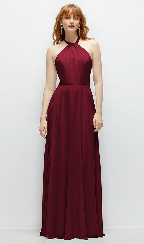 Front View - Burgundy Shirred Halter Chiffon Maxi Dress with Back Sash-Tie Closure