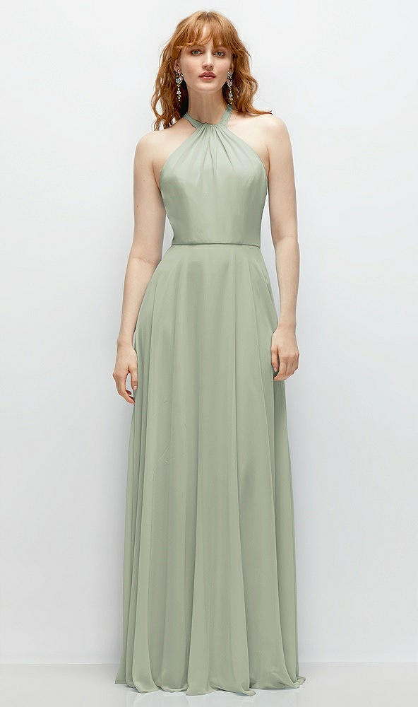 Front View - Celadon Shirred Halter Chiffon Maxi Dress with Back Sash-Tie Closure