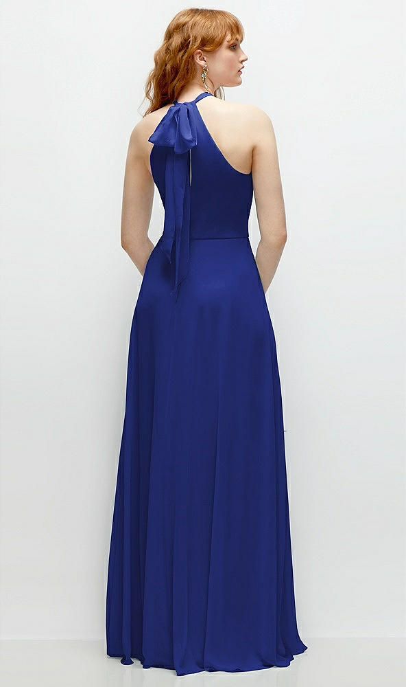 Back View - Cobalt Blue Shirred Halter Chiffon Maxi Dress with Back Sash-Tie Closure