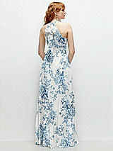 Rear View Thumbnail - Cottage Rose Dusk Blue Shirred Halter Chiffon Maxi Dress with Back Sash-Tie Closure