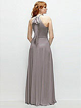 Rear View Thumbnail - Cashmere Gray Shirred Halter Chiffon Maxi Dress with Back Sash-Tie Closure