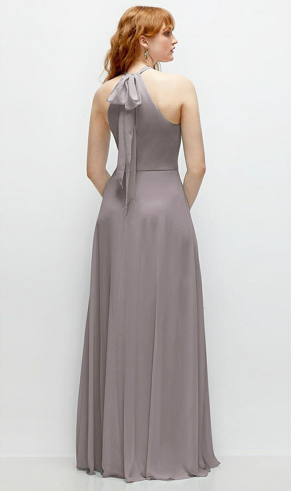 Back View - Cashmere Gray Shirred Halter Chiffon Maxi Dress with Back Sash-Tie Closure