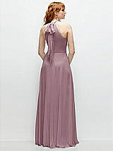 Rear View Thumbnail - Dusty Rose Shirred Halter Chiffon Maxi Dress with Back Sash-Tie Closure