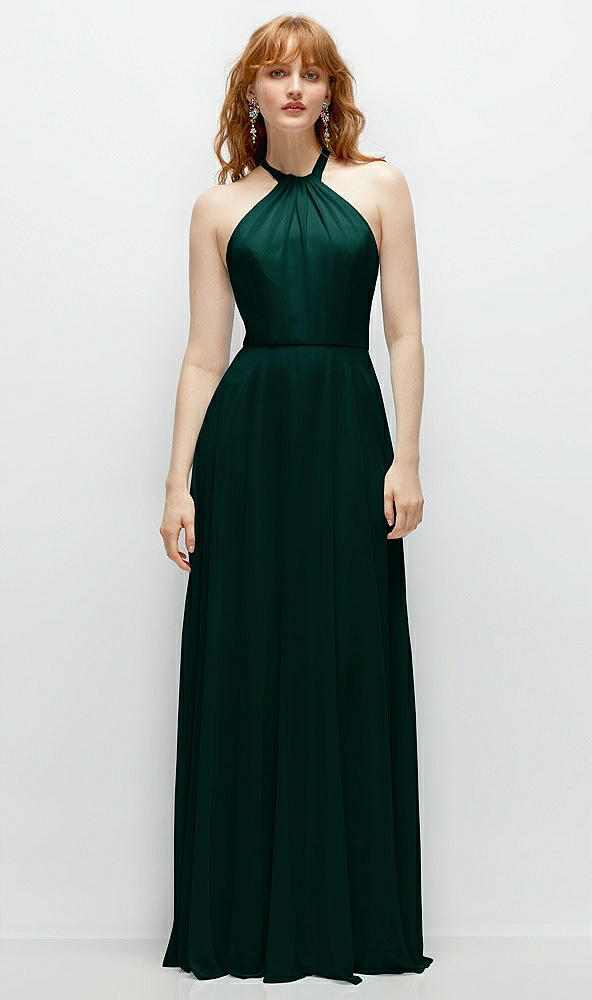 Front View - Evergreen Shirred Halter Chiffon Maxi Dress with Back Sash-Tie Closure