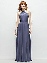 Front View Thumbnail - French Blue Shirred Halter Chiffon Maxi Dress with Back Sash-Tie Closure